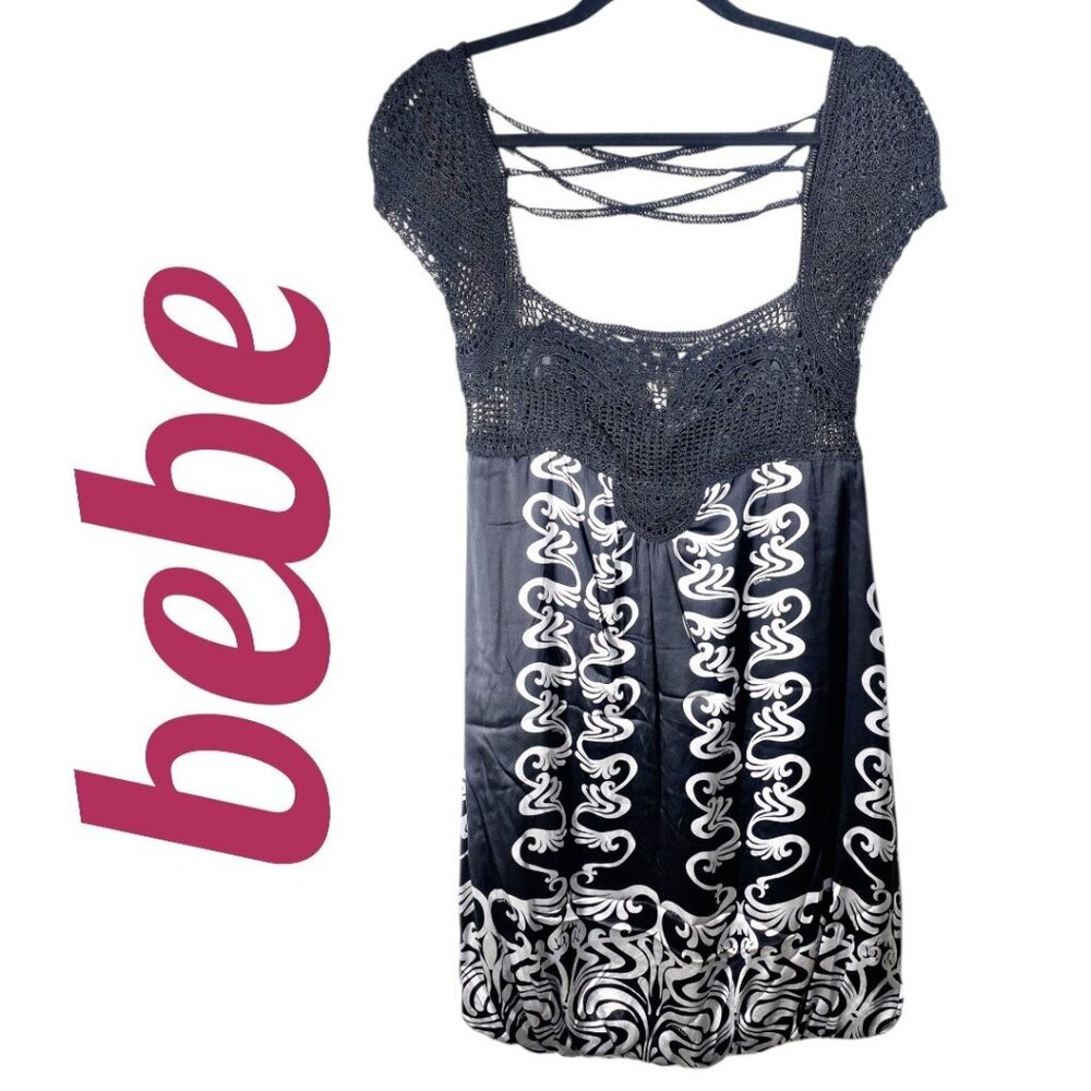 BEBE VTG Y2K SILK BUBBLE MINI DRESS CROCHET BODICE STRAPPY BACK MONOCHROME, M